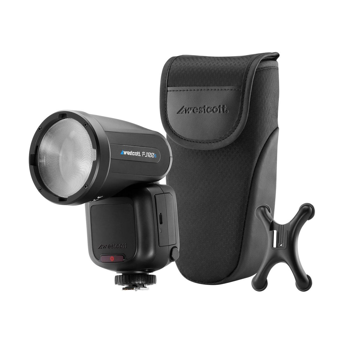 Westcott FJ100 S Touchscreen Speedlight Flash with Sony Camera Mount (100Ws) — with case and stand view