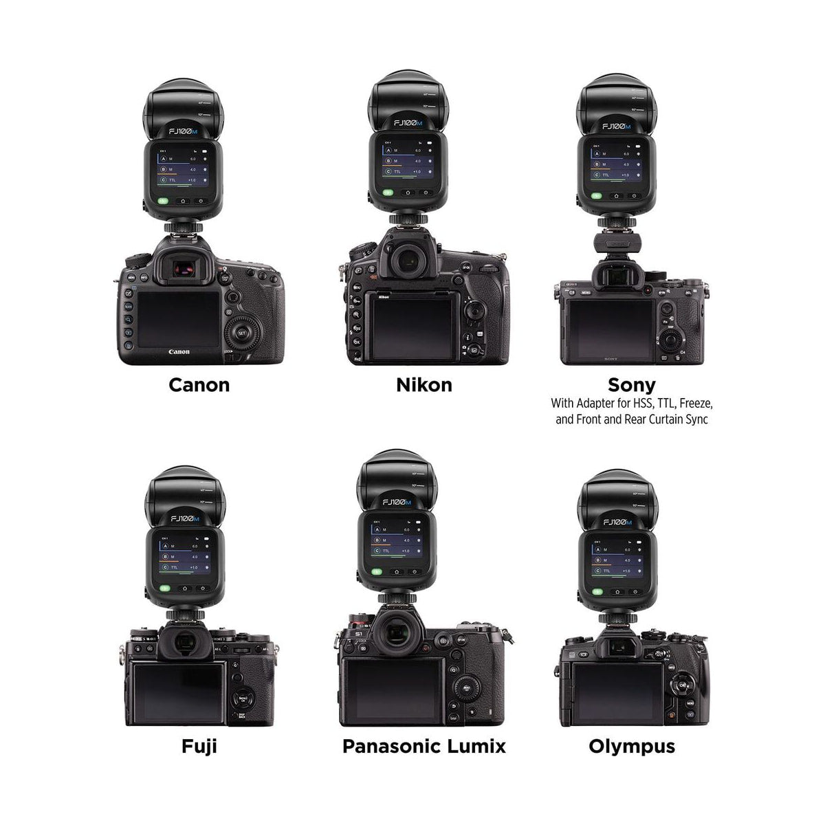 Westcott FJ100 M Touchscreen Speedlight Flash with Multi-Brand Camera Mount (100Ws) — camera compatibility view
