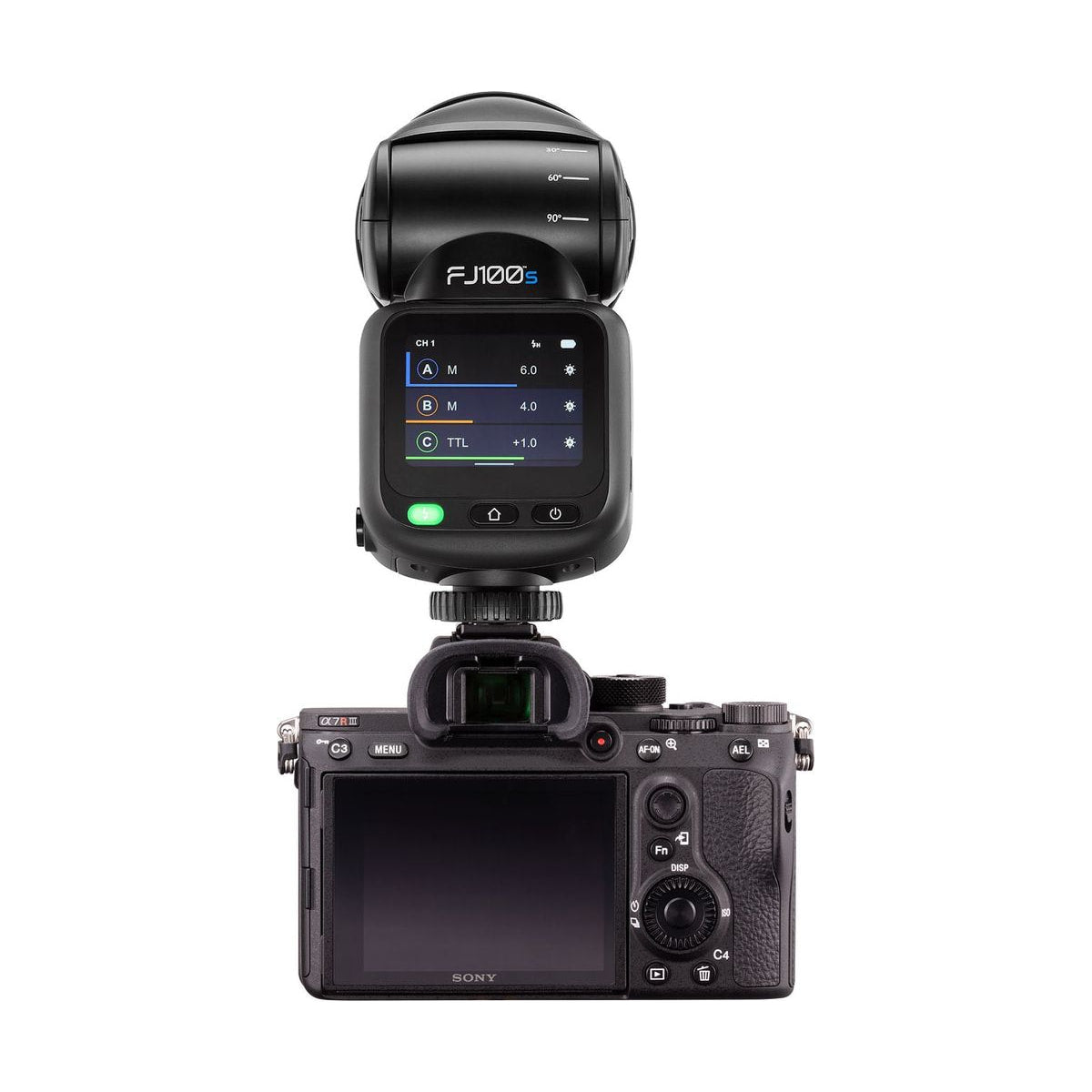 Westcott FJ100 S Touchscreen Speedlight Flash with Sony Camera Mount (100Ws) — sony camera mount view