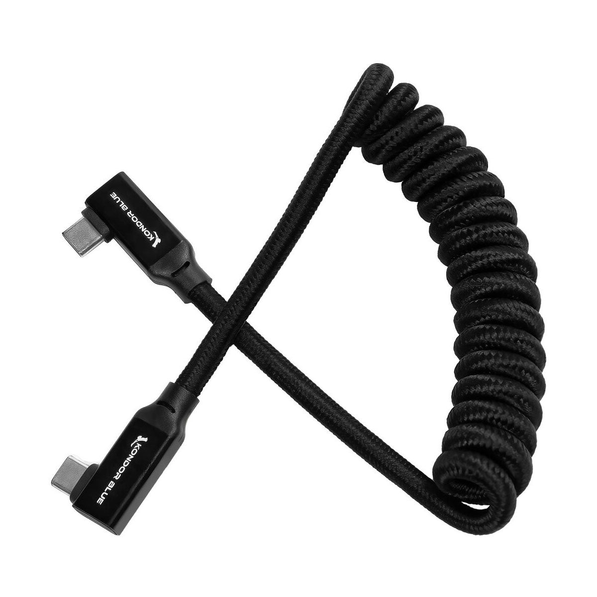 Kondor Blue Coiled 12 to 24" USB-C Right Angle Braided Cable for 8K Data and PD (Black)