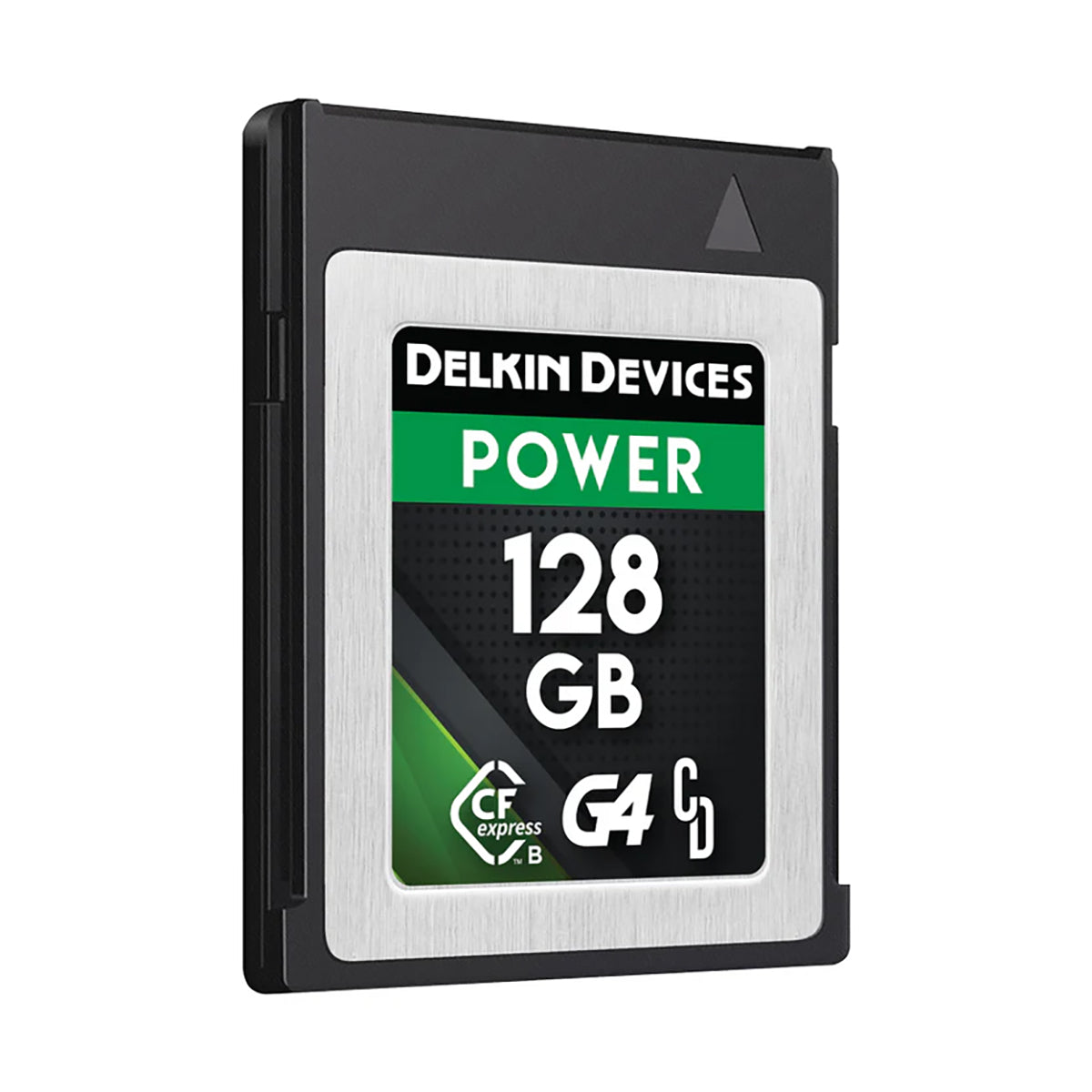 Delkin Devices 128GB memory card on a white background
