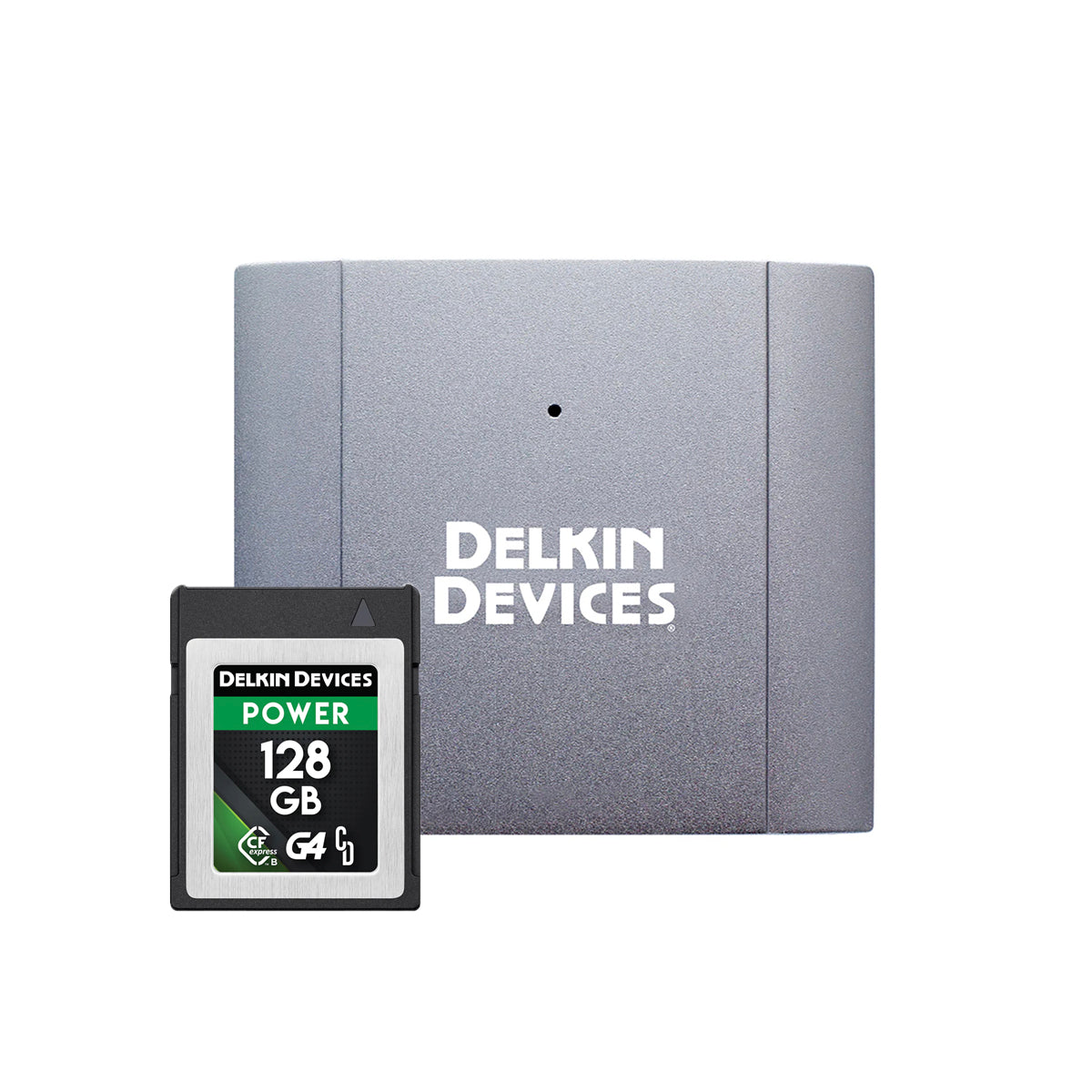 Delkin Devices memory card and packaging on a white background