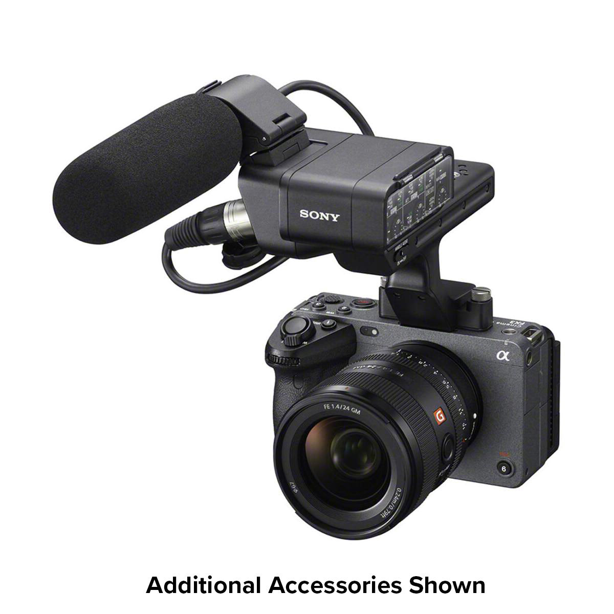 Sony FX3A Full Frame Cinema Camera Handle and Mic Front View Available at Pictureline