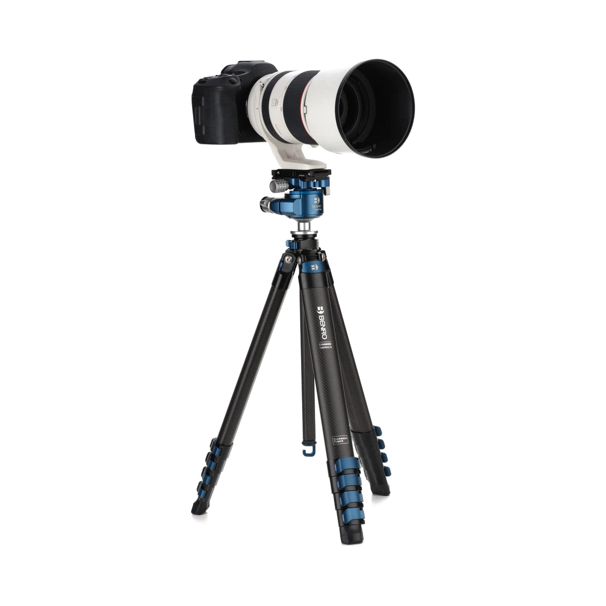 Benro BlackBird Carbon Fiber Tripod with G36PT Inverted Ball Head — tripod supporting camera and lens view