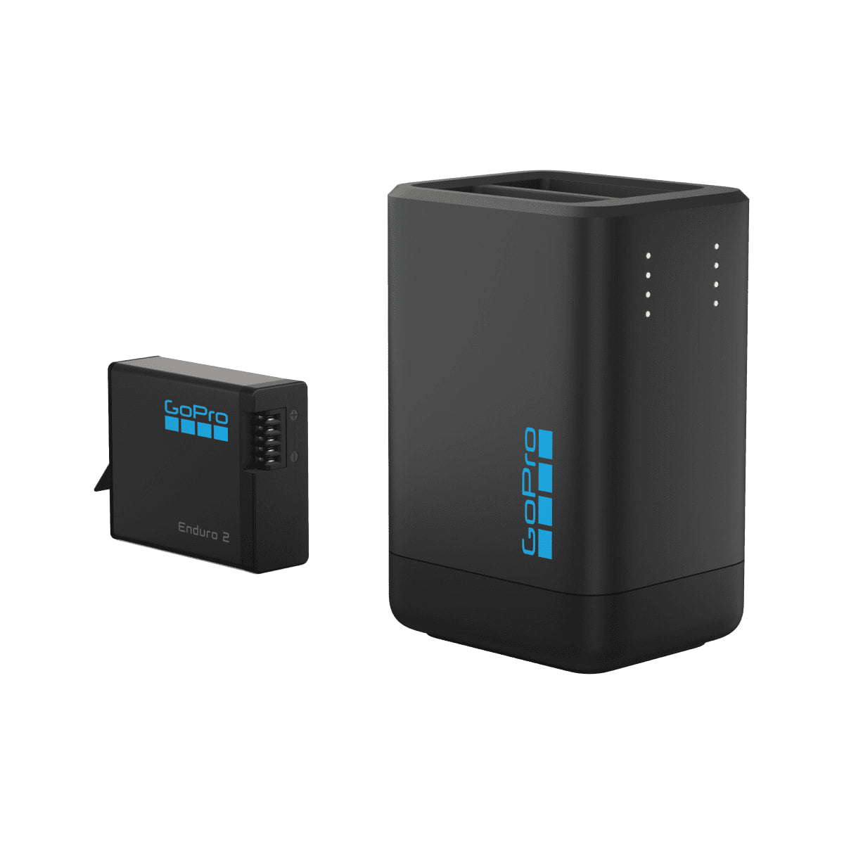 GoPro Dual-Battery Charger with Enduro 2 Battery for MISSION 1 & Hero 13 — charger with one enduro 2 battery front angle view view