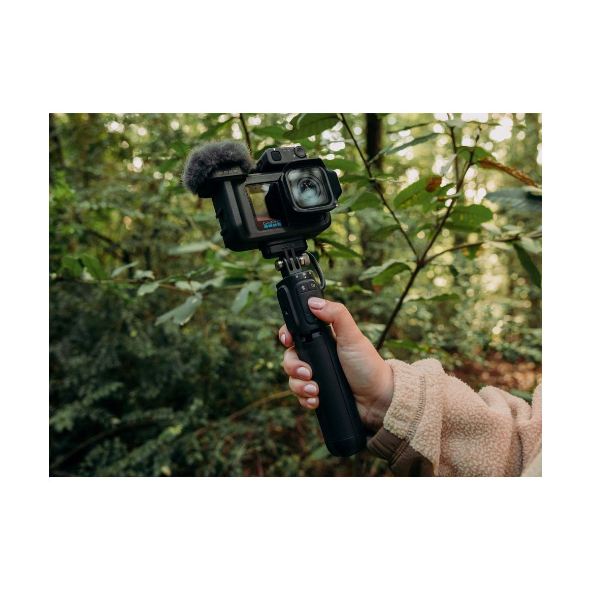 GoPro Mission 1 Pro Creator Edition Camera — creator edition camera front view on handheld grip view