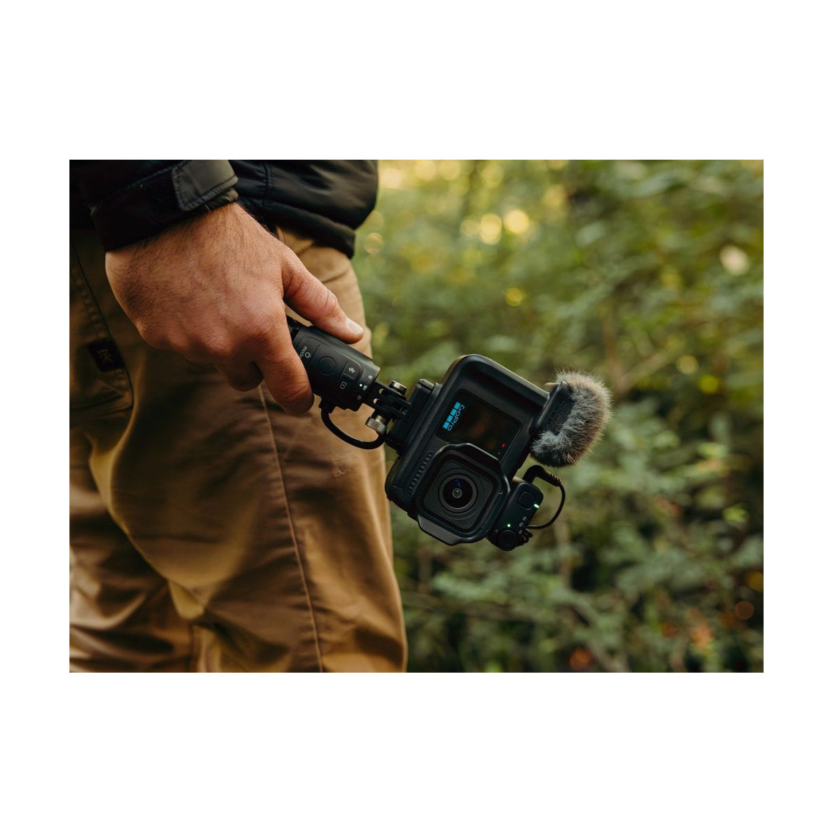 GoPro Mission 1 Pro Creator Edition Camera — creator edition camera front view with microphone and wireless receiver view