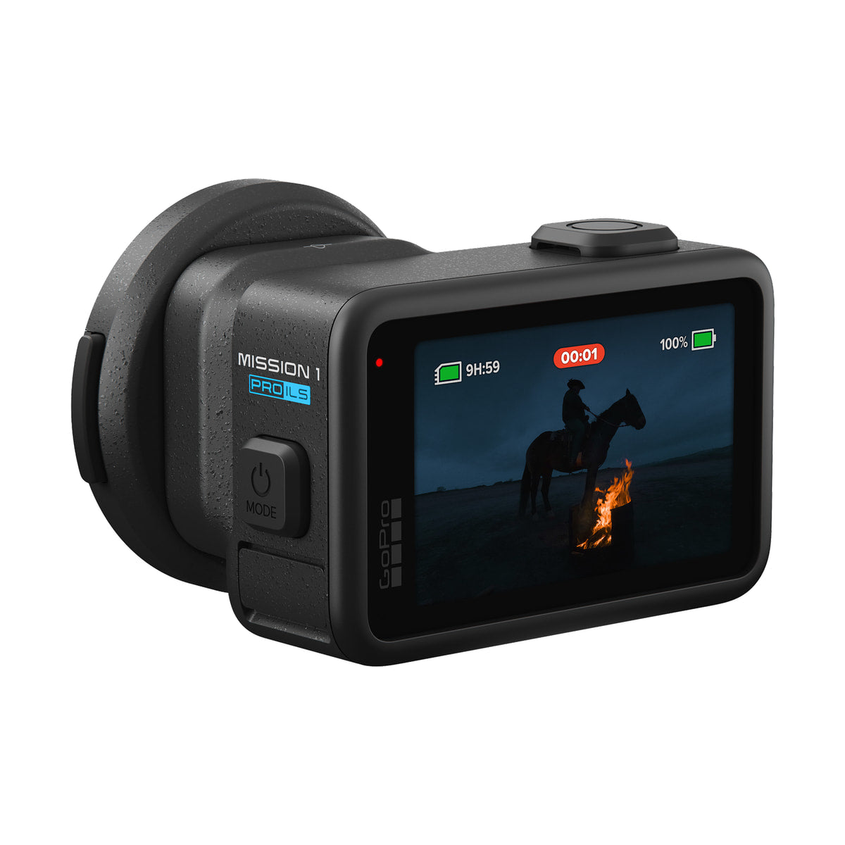 GoPro Mission 1 Pro ILS Camera — rear left product view showing the rear display and mission 1 pro ils marking view