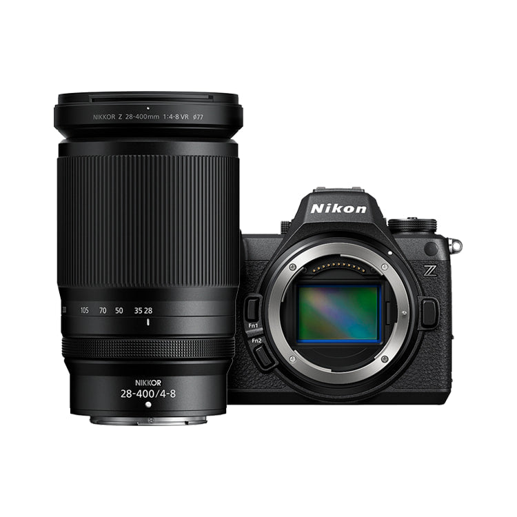 Nikon Z6 III Mirrorless Camera Body w/ NIKKOR Z 28-400mm f/4-8 Lens — front view of camera body beside lens view