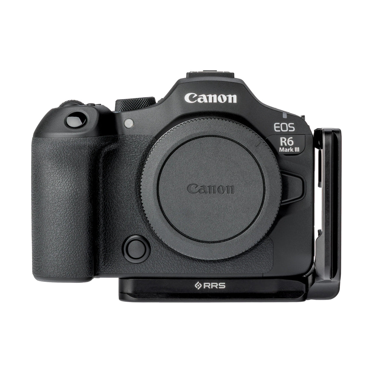 Really Right Stuff L-Bracket for Canon R5, R5 II, R6 & R6 II — front view on canon camera view