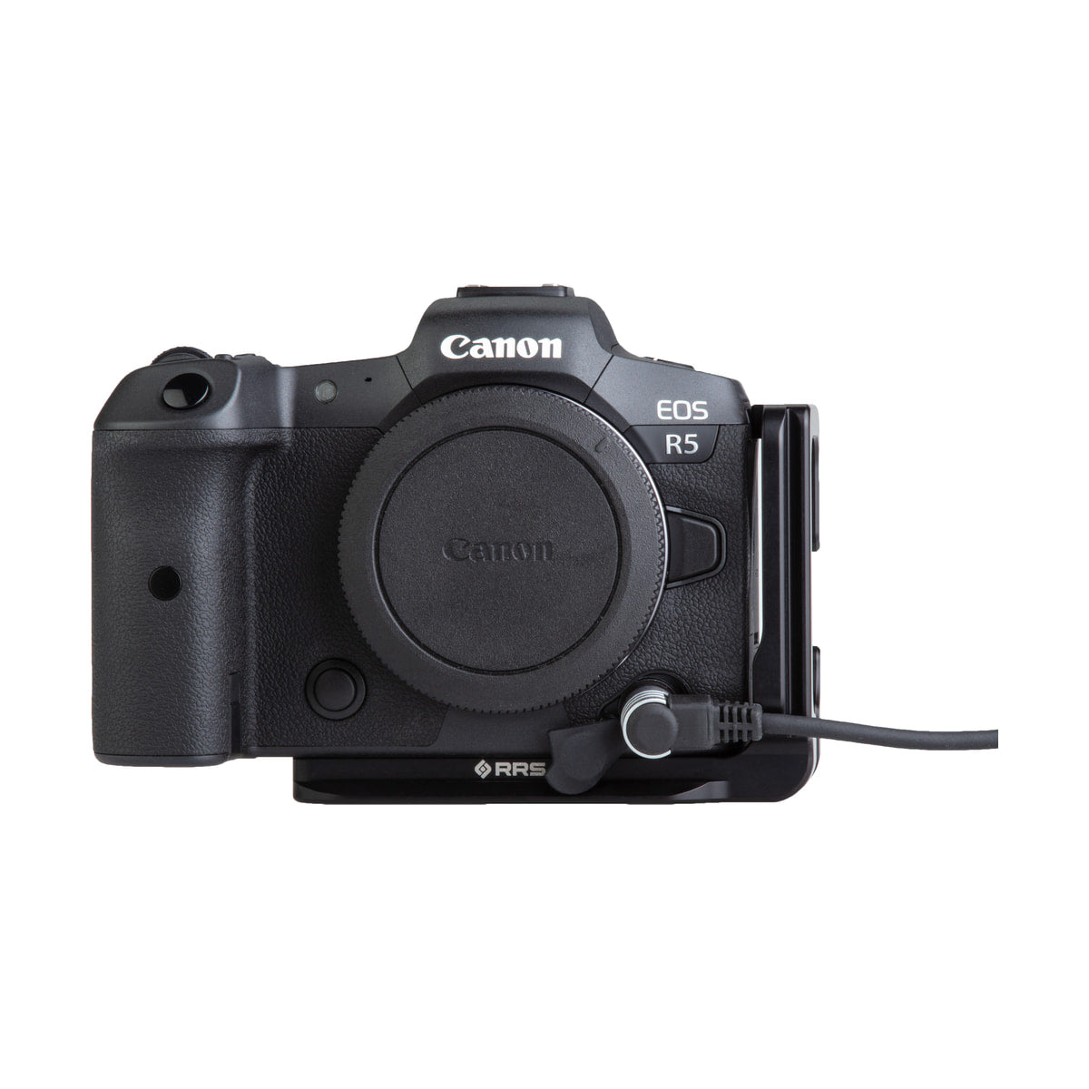 Really Right Stuff L-Bracket for Canon R5, R5 II, R6 & R6 II — front view on canon eos r5 camera view