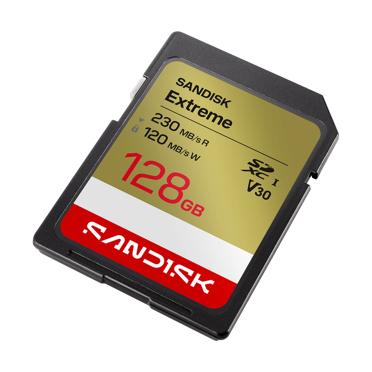 SanDisk 128GB Extreme UHS-I SDXC V30Memory Card — angled front view view