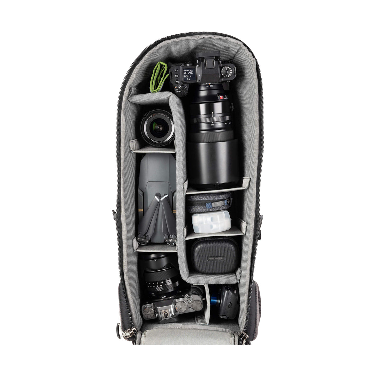Think Tank BackLight Long Lens Backpack — open backpack with camera kit and drone view