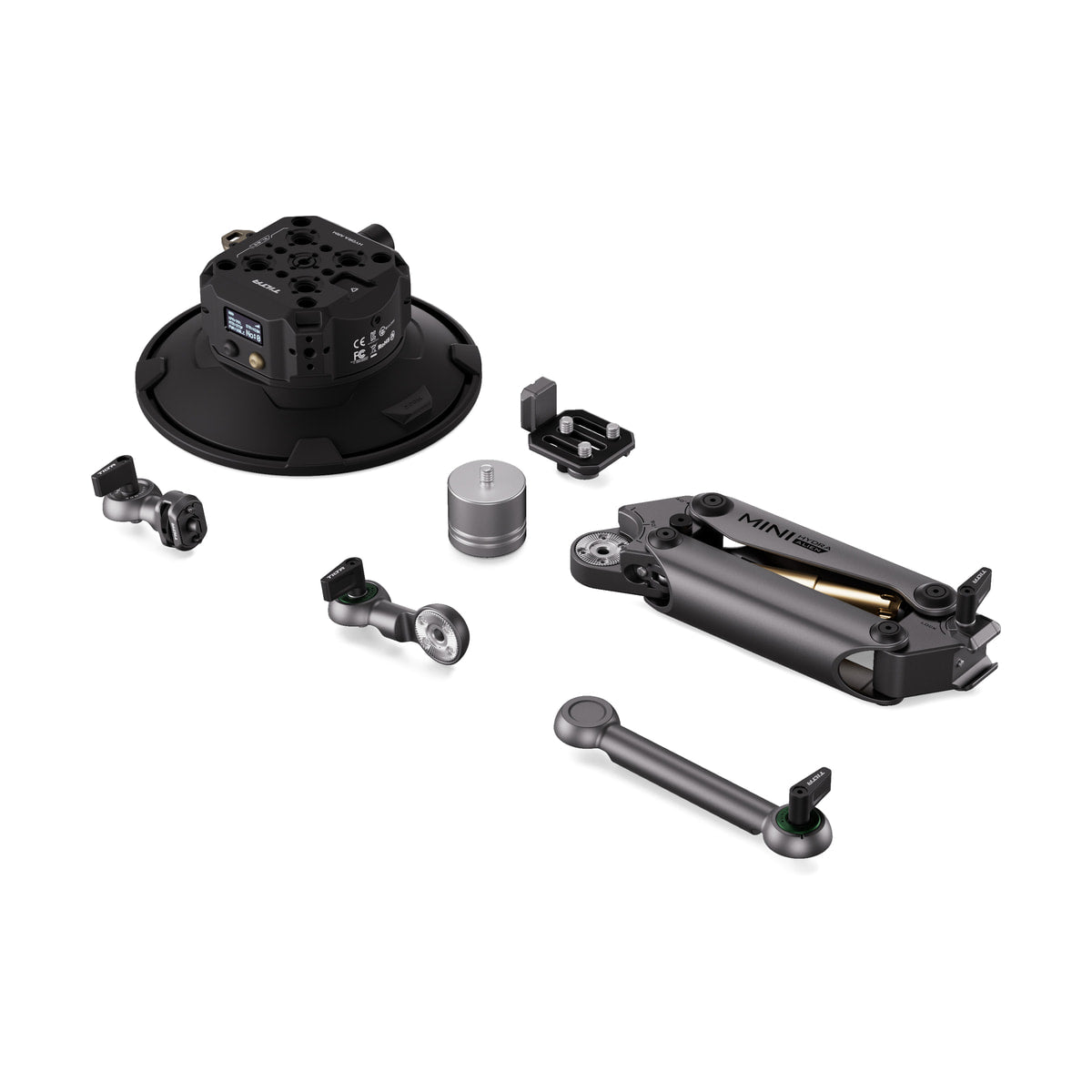 Tilta Hydra Alien Mini Electronic 6" Suction Cup Kit (Titanium Gray) — kit contents laid out with suction cup base and mounting components view