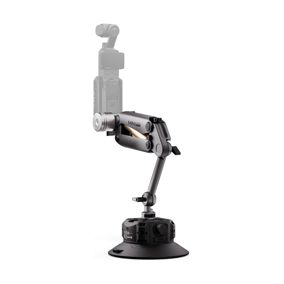 Tilta Hydra Alien Mini Electronic 6" Suction Cup Kit (Titanium Gray) — rear product view with camera mounted view