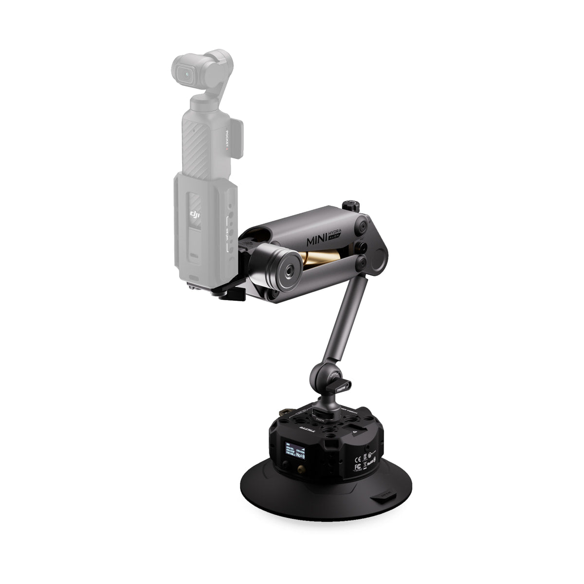 Tilta Hydra Alien Mini Electronic 6" Suction Cup Kit (Titanium Gray) — three quarter front product view with camera mounted view