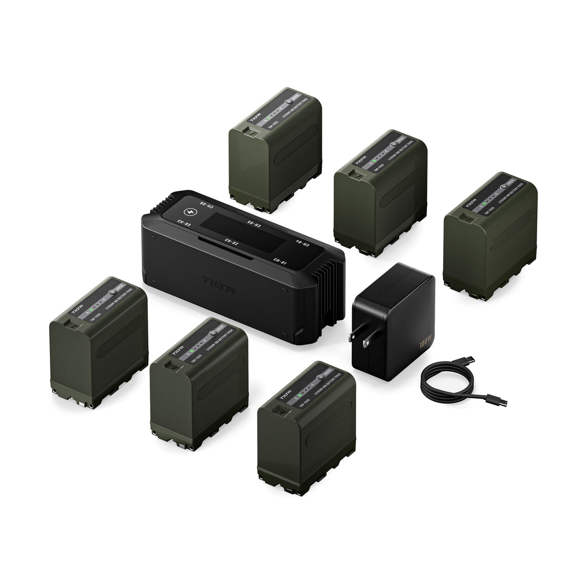 Tilta NP-F970 6-Battery Kit with Foldable 6-Bay Charging Station — 6 bay charging station six np f970 batteries power supply and usb c cable view