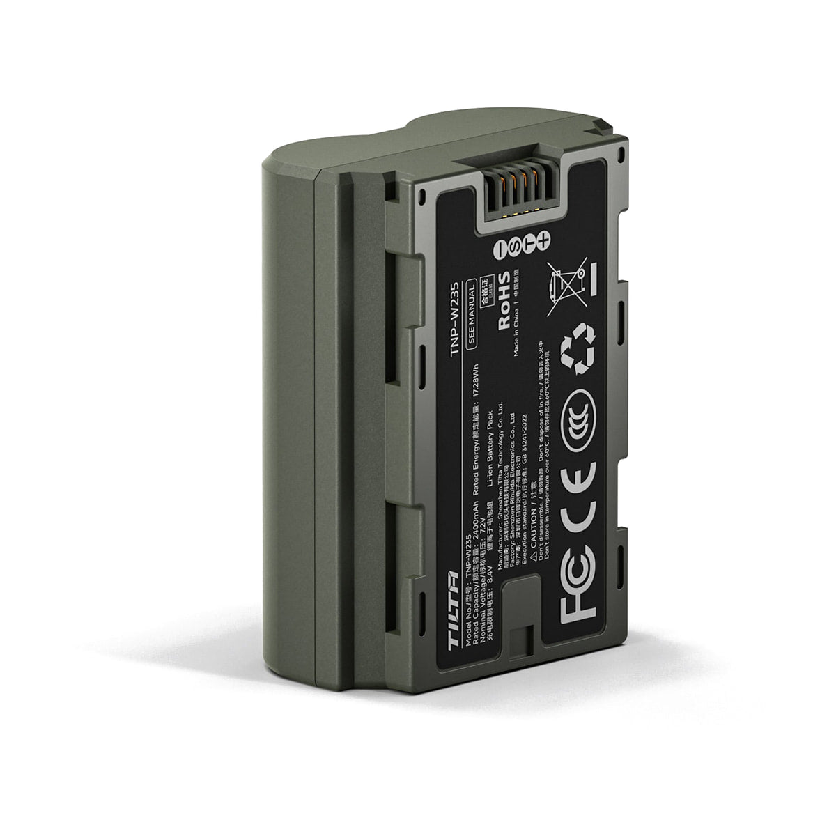 Tilta NP-W235 Battery with USB-C Charging (2400mAh) — rear label and terminal view view