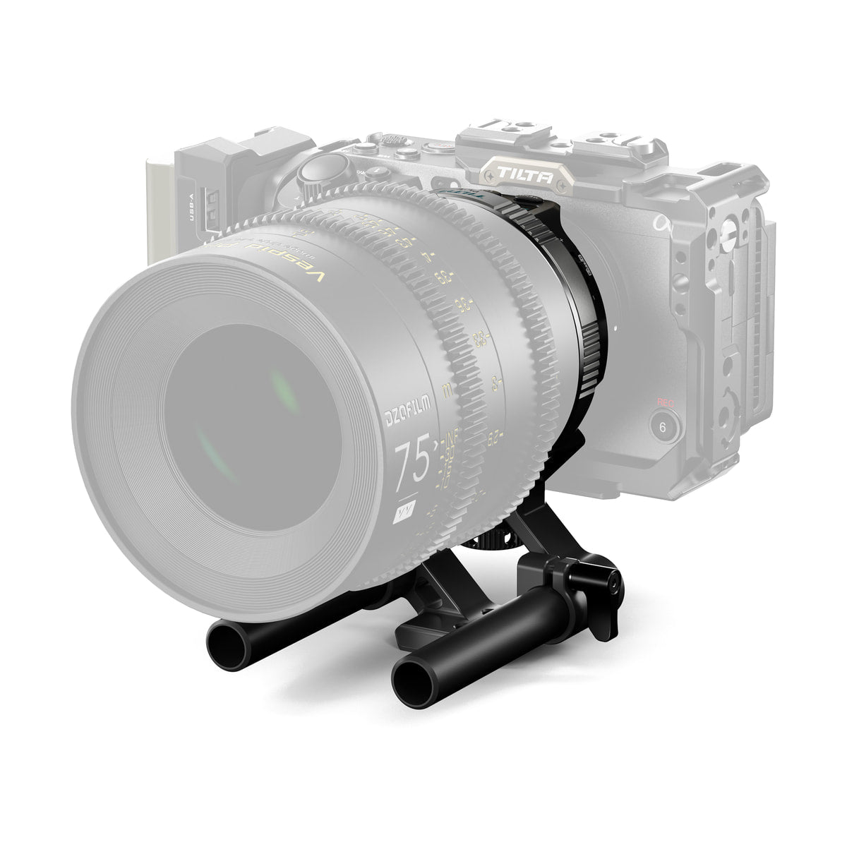 Tilta Nucleus Auto Focus Adapter (E to PL) Base Kit — adapter installed on a camera rig front three quarter view view