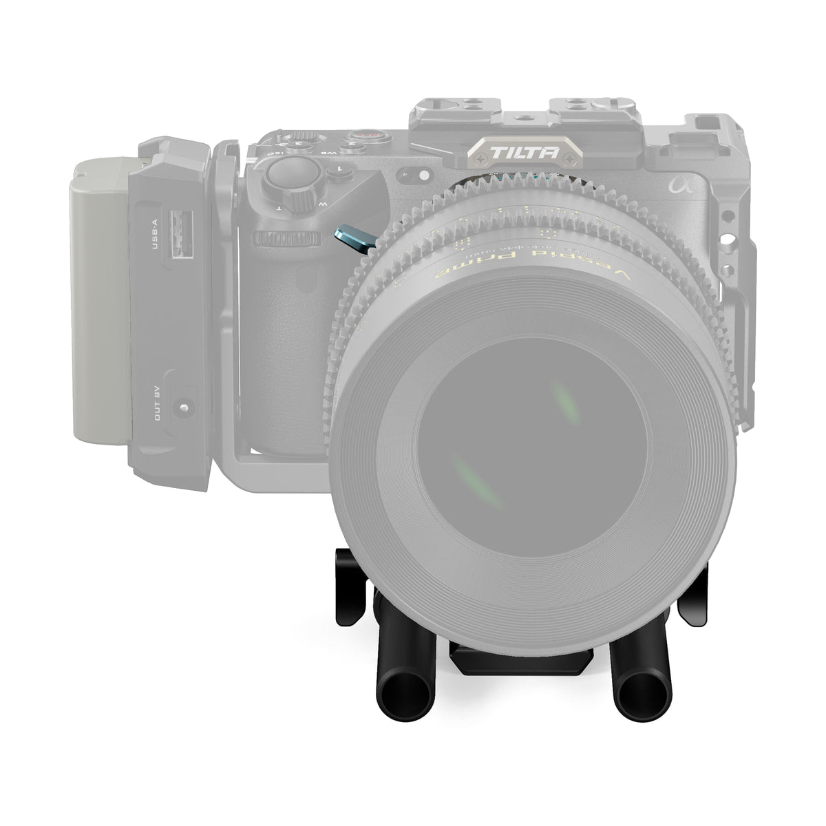 Tilta Nucleus Auto Focus Adapter (E to PL) Base Kit — adapter installed on a camera rig side view view