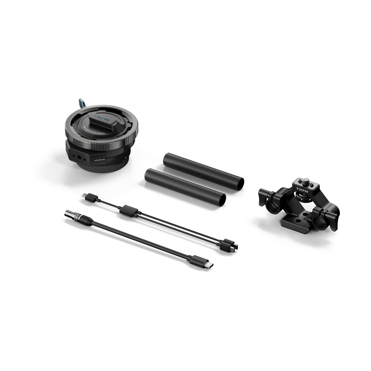 Tilta Nucleus Auto Focus Adapter (E to PL) Base Kit — base kit components arranged on white background view