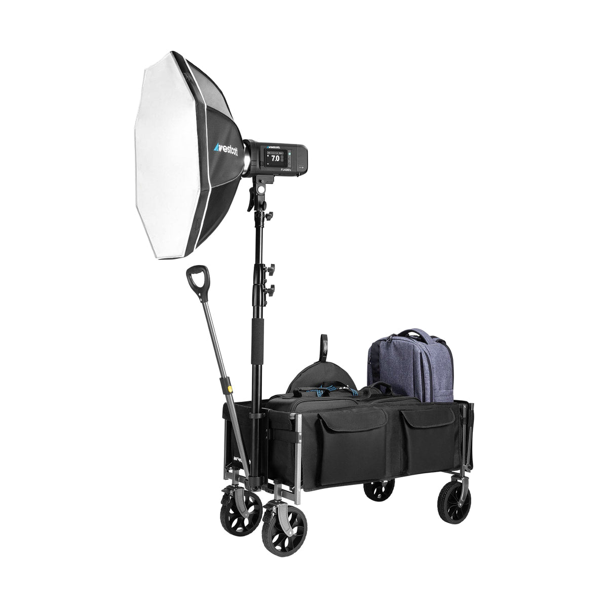 Westcott Photography Wagon — loaded wagon with mounted softbox view