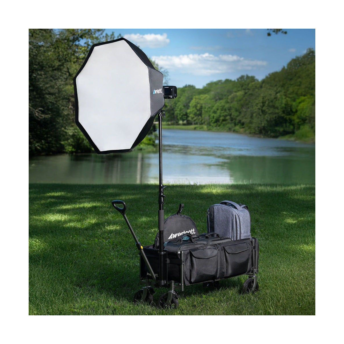 Westcott Photography Wagon — outdoor wagon in use with mounted softbox view