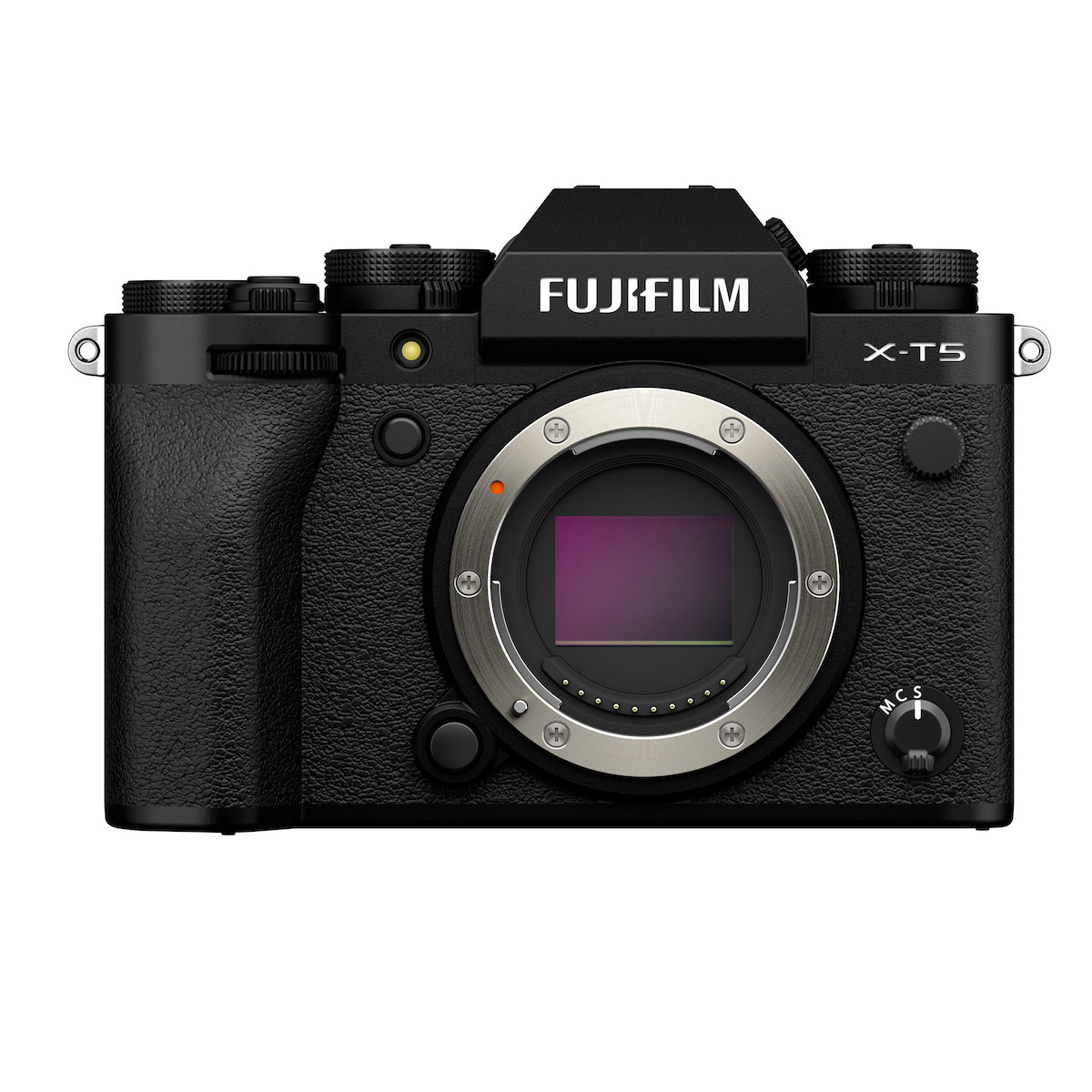 The image shows a black Fujifilm X-T5 digital camera body, displaying its front view with the lens removed.