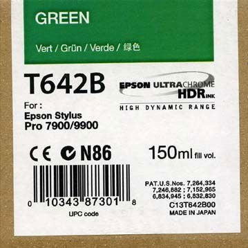 Epson T642B00 7900/9900 Ultrachrome HDR Ink 150ml Green, papers ink large format, Epson - Pictureline  - 1