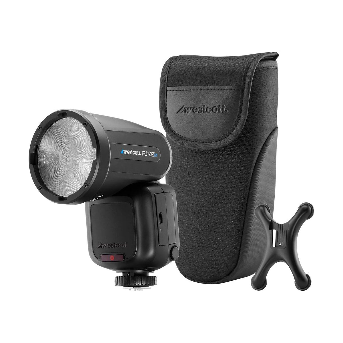 Westcott FJ100 M Touchscreen Speedlight Flash with Multi-Brand Camera Mount (100Ws) — with case and stand view