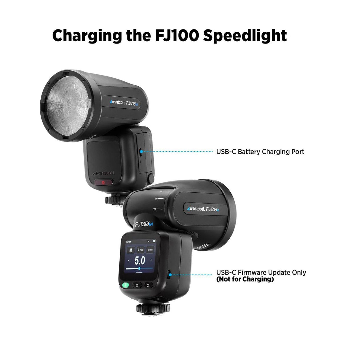 Westcott FJ100 M Touchscreen Speedlight Flash with Multi-Brand Camera Mount (100Ws) — usb c charging view