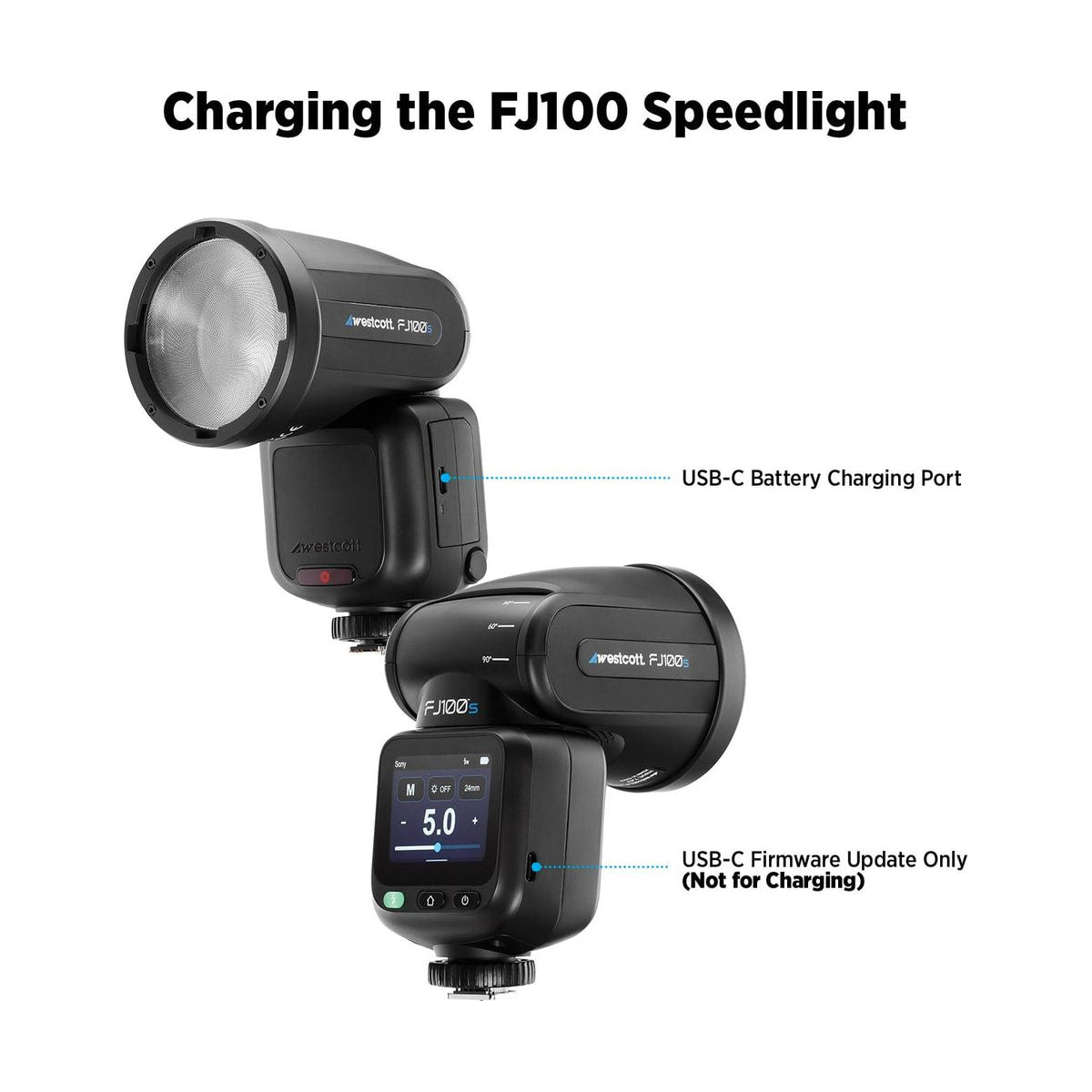 Westcott FJ100 S Touchscreen Speedlight Flash with Sony Camera Mount (100Ws) — usb c charging view