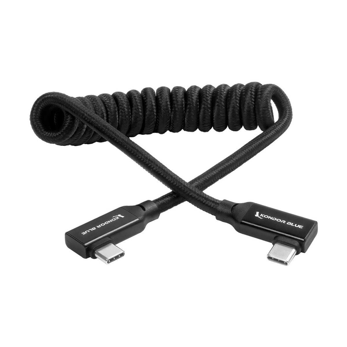 Kondor Blue Coiled 12 to 24" USB-C Right Angle Braided Cable for 8K Data and PD (Black)