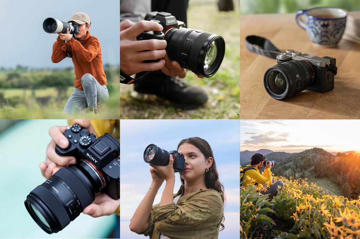 Collage of photographers using Sony cameras and close-up views of Sony camera equipment.