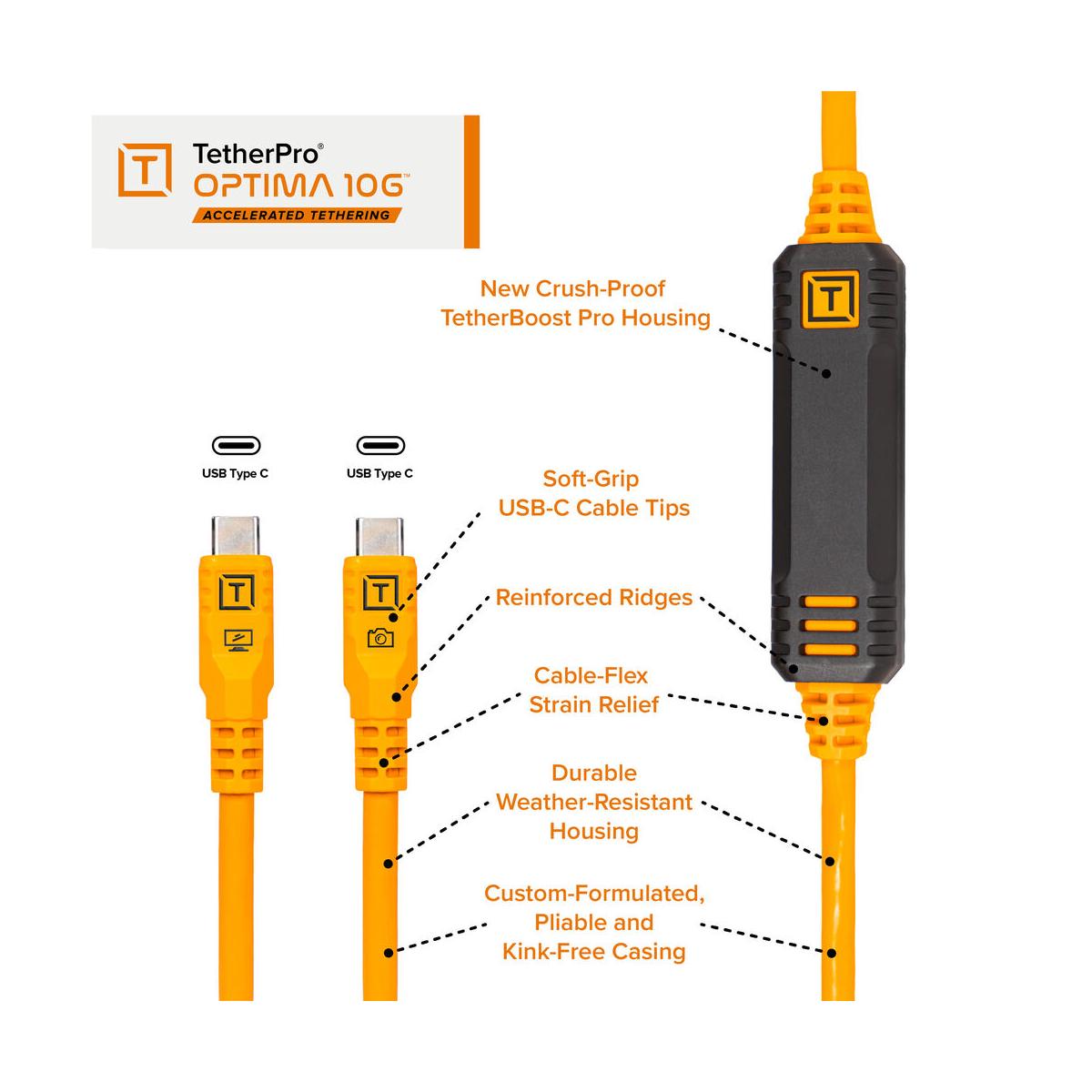 Tether Tools TetherPro Optima Starter Tethering Kit 10G USB-C, 15’ (4.6m) ORG