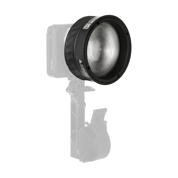 Amaran Mini Fresnel for Ray 60c & 120c — front three quarter view mounted on compatible light 2 view