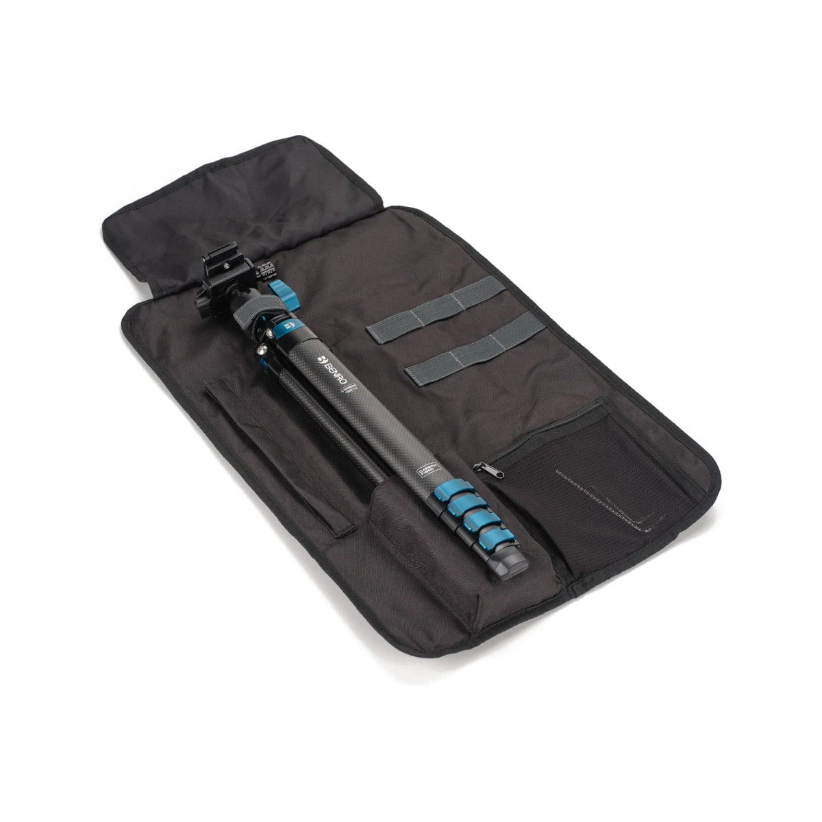 Benro BlackBird Carbon Fiber Tripod with N00P Ball Head — folded tripod in open carry case view