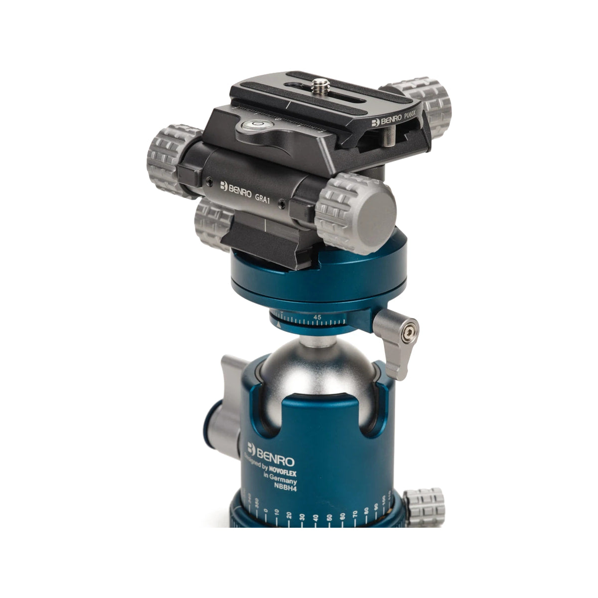 Benro Geared Rotation Adapter — mounted on blue tripod head view