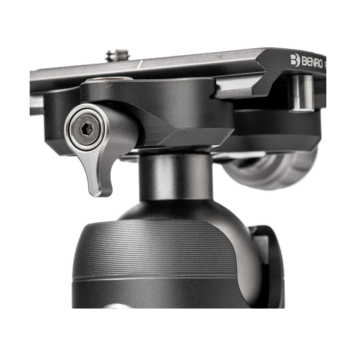 Benro VX20 Two Series Arca-Type Aluminum Ball Head — close up of safety control knob and quick release clamp view