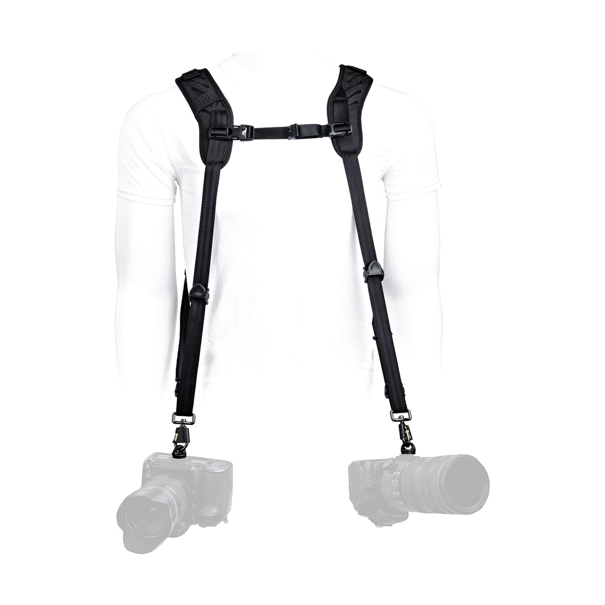 BlackRapid Blackline II Double Camera Harness — front view of harness worn with two cameras 2 view