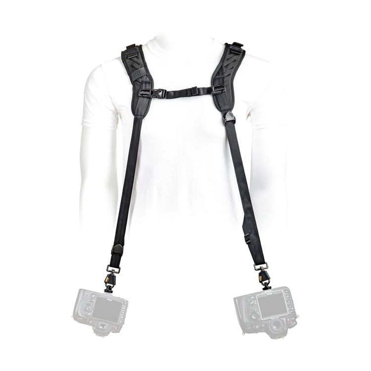 BlackRapid Blackline II Double Camera Harness — front view of harness worn with two cameras view