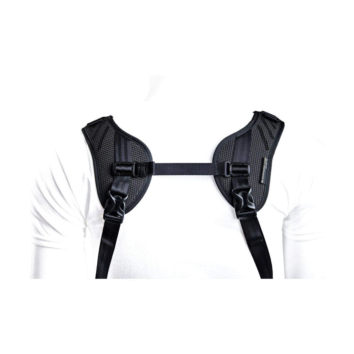 BlackRapid Blackline II Double Camera Harness — rear shoulder pad detail worn on white shirt view