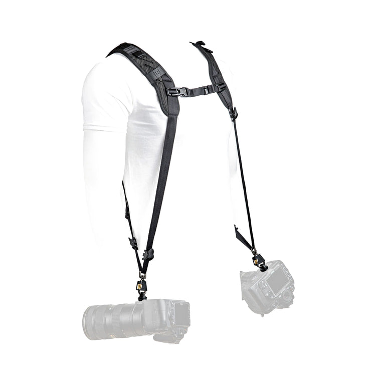 BlackRapid Blackline II Double Camera Harness — side view of harness worn with two cameras view