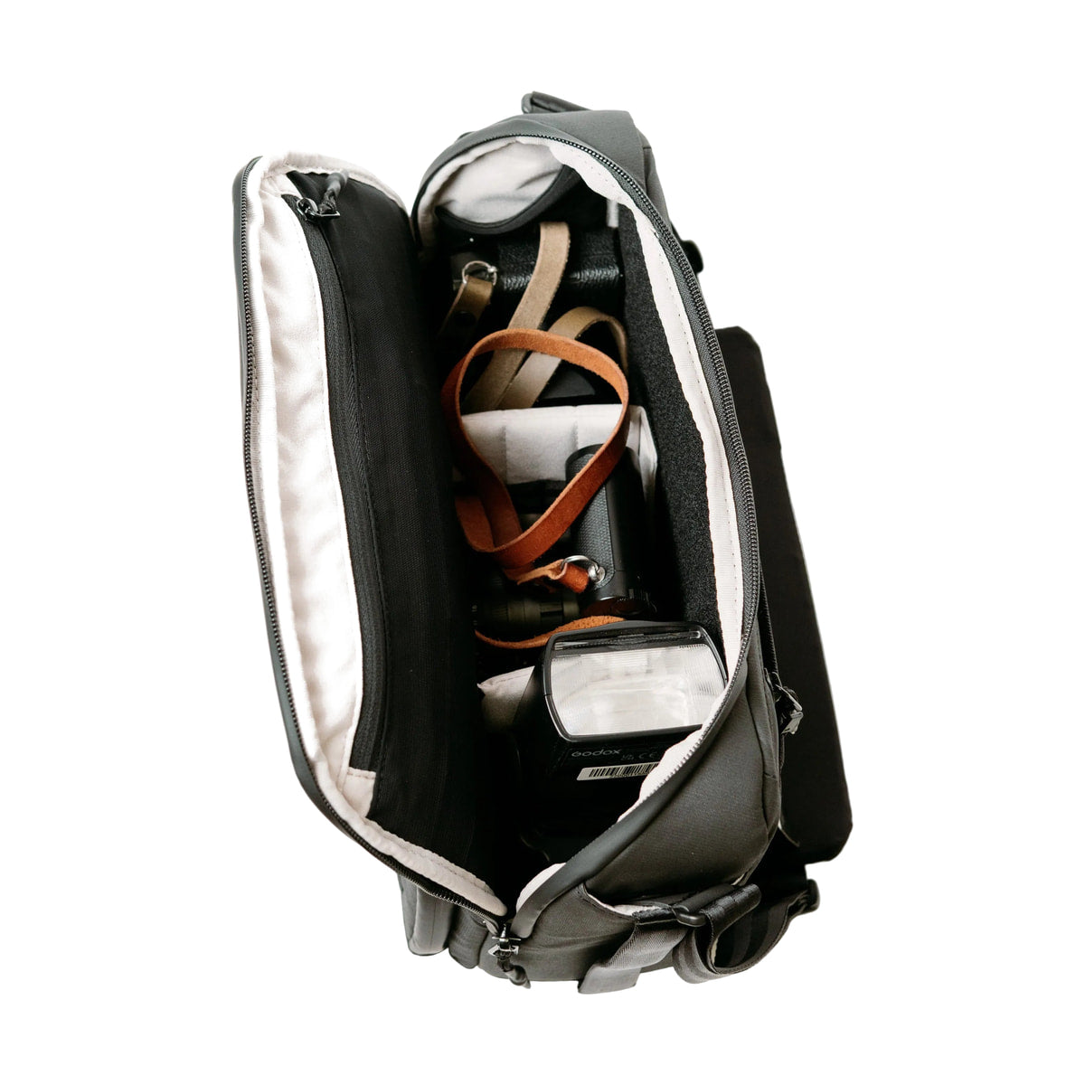Clever Supply Camera Sling V2 Black — open main compartment with accessory pouch view