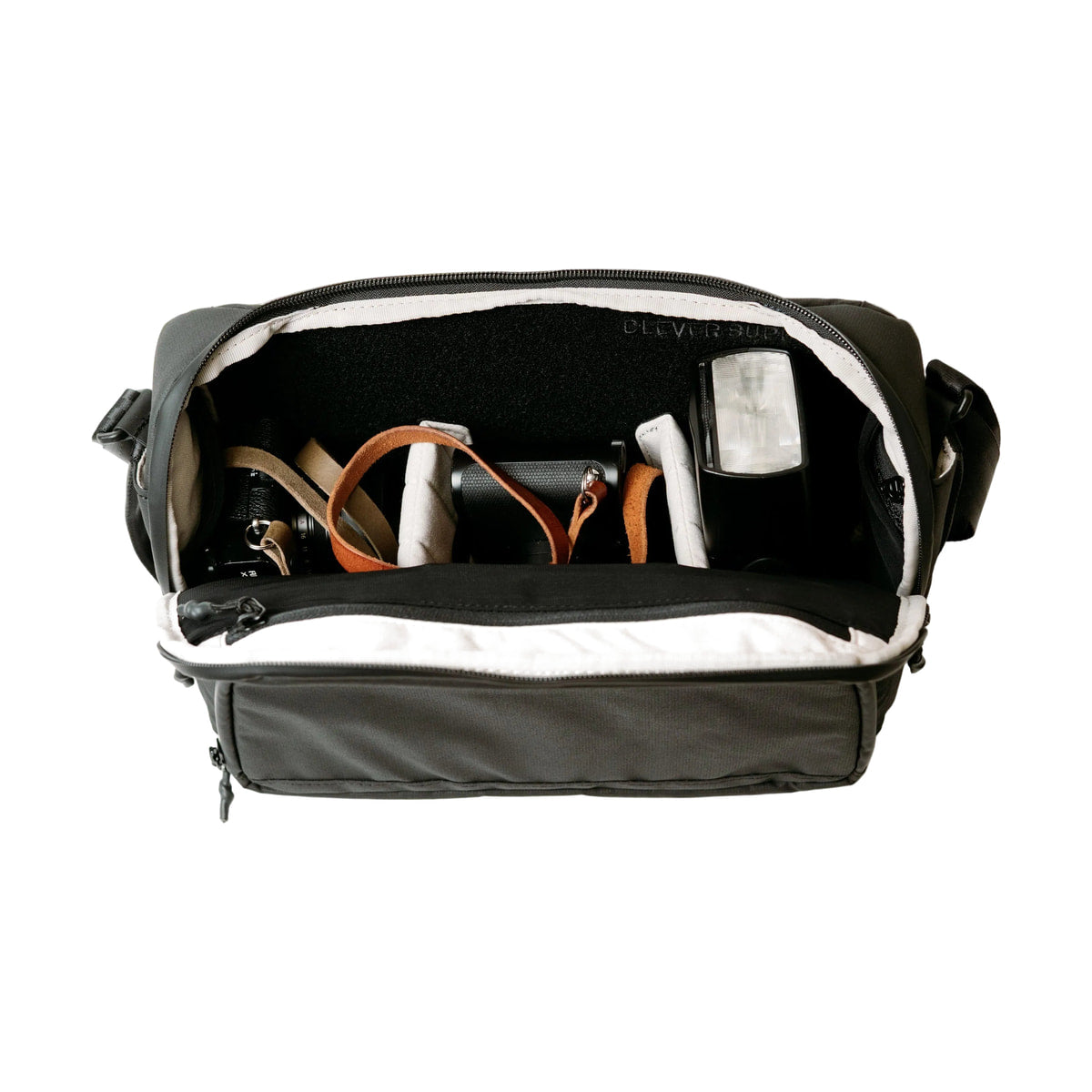 Clever Supply Camera Sling V2 Black — open main compartment with camera gear view