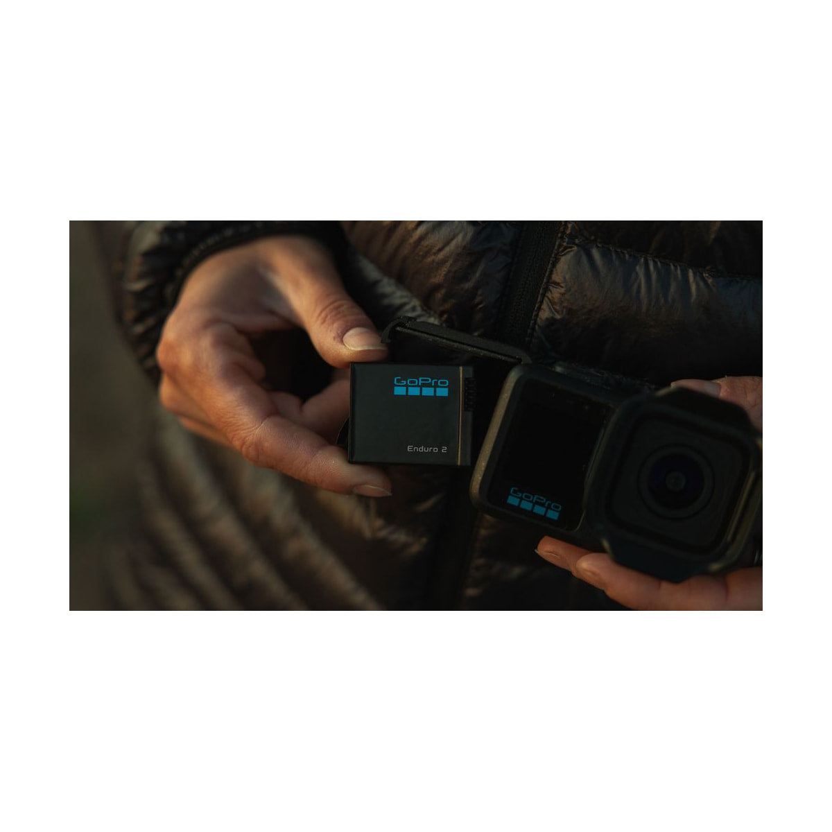 GoPro Enduro 2 Battery for Mission 1 Pro Cameras — battery beside mission 1 camera view