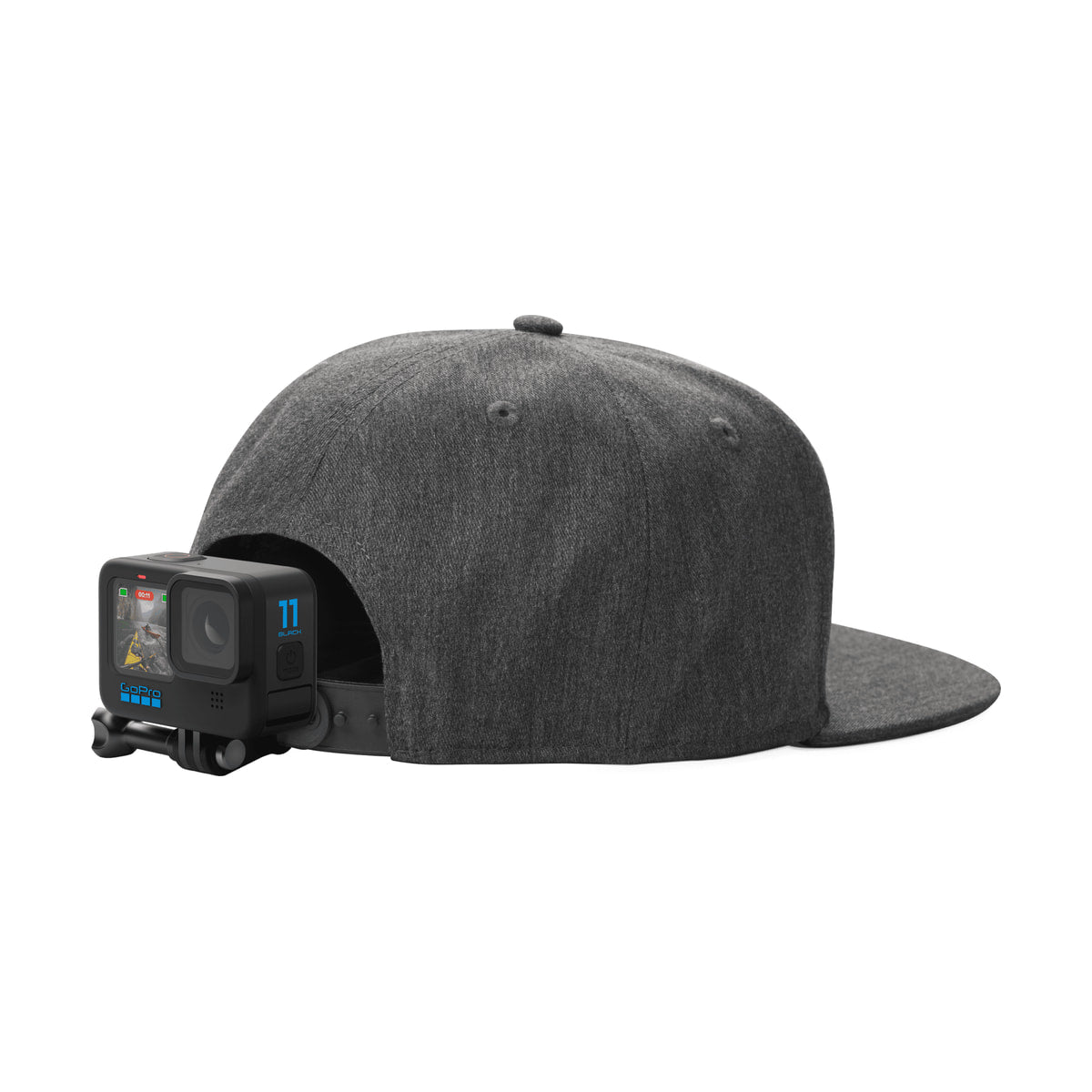 GoPro Head Strap + QuickClip — gopro camera mounted on cap with quickclip studio demonstration view