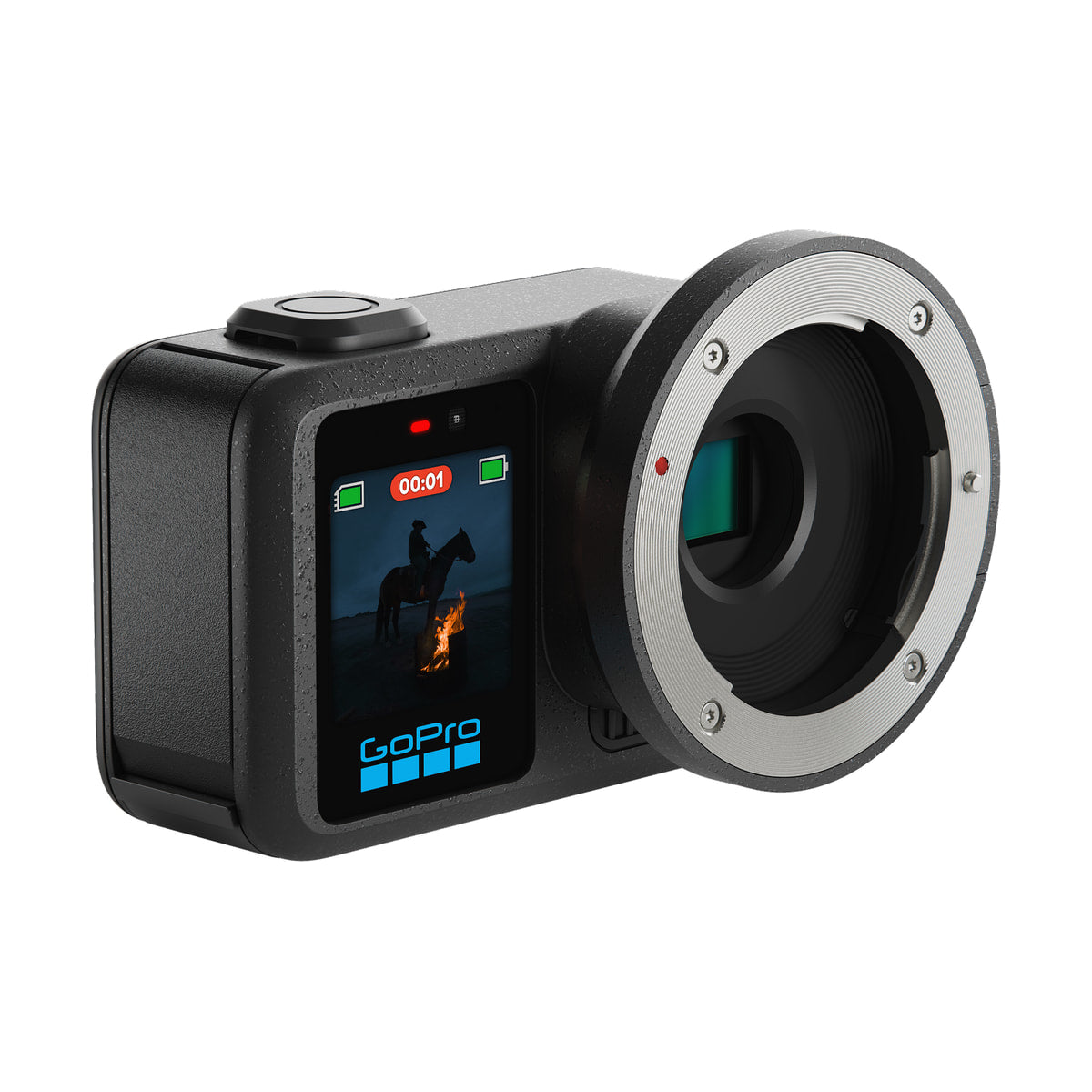 GoPro Mission 1 Pro ILS Camera — front left product view showing the lens mount and front status screen view