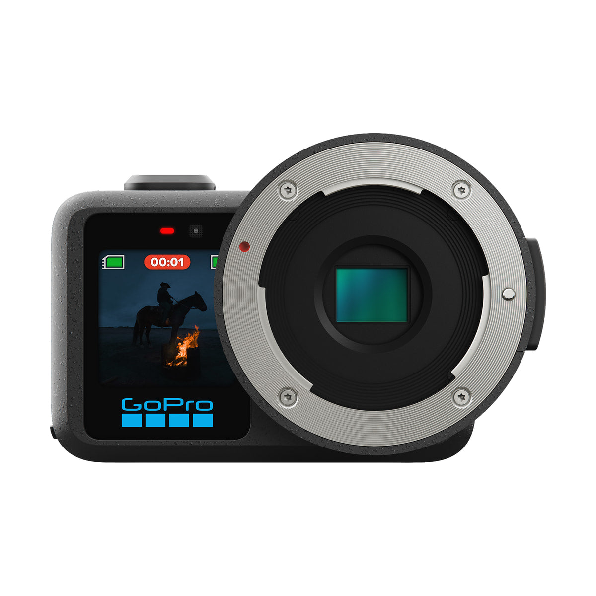 GoPro Mission 1 Pro ILS Camera — front product view showing the lens mount and front status screen view