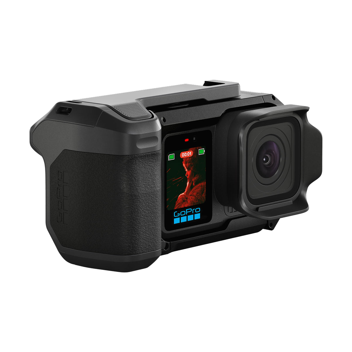 GoPro Point-and-Shoot Grip for Mission 1 — front three quarter view of grip fitted with mission 1 camera view